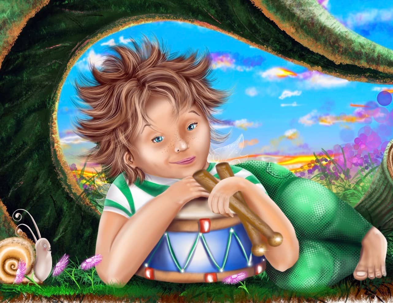 Cheerful drummer fairy boy